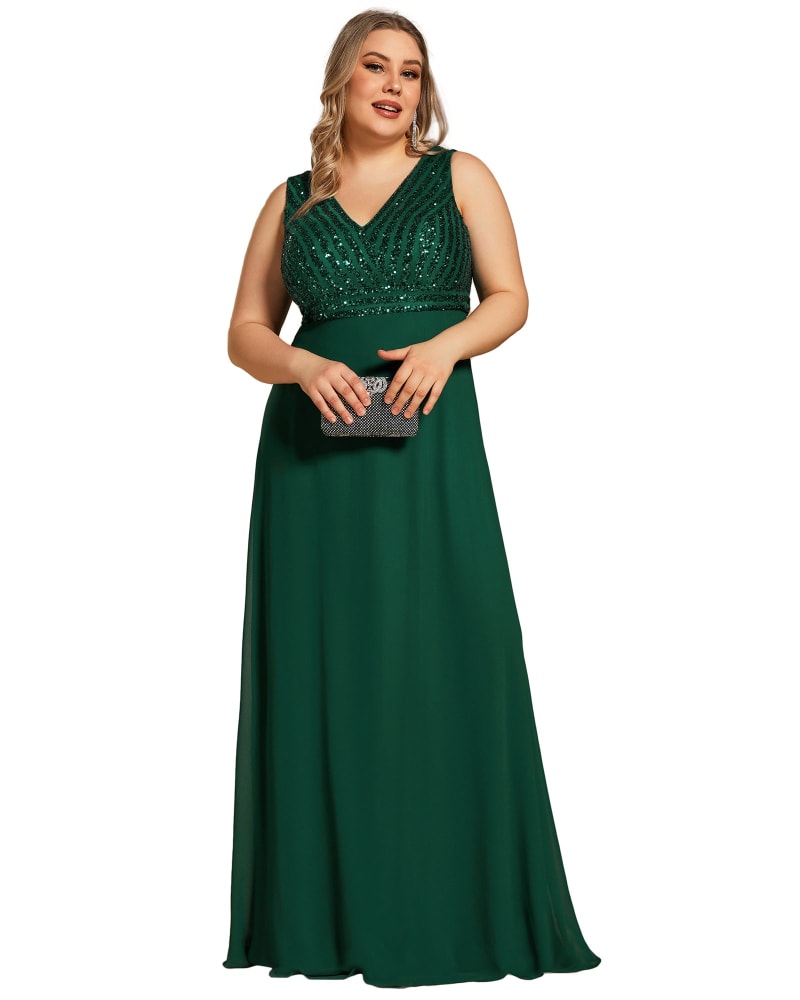 Front of a model wearing a size 26 Sequin Sleeveless Double V-Neck Formal Evening Dress in Dark Green by Ever-Pretty. | dia_product_style_image_id:297730